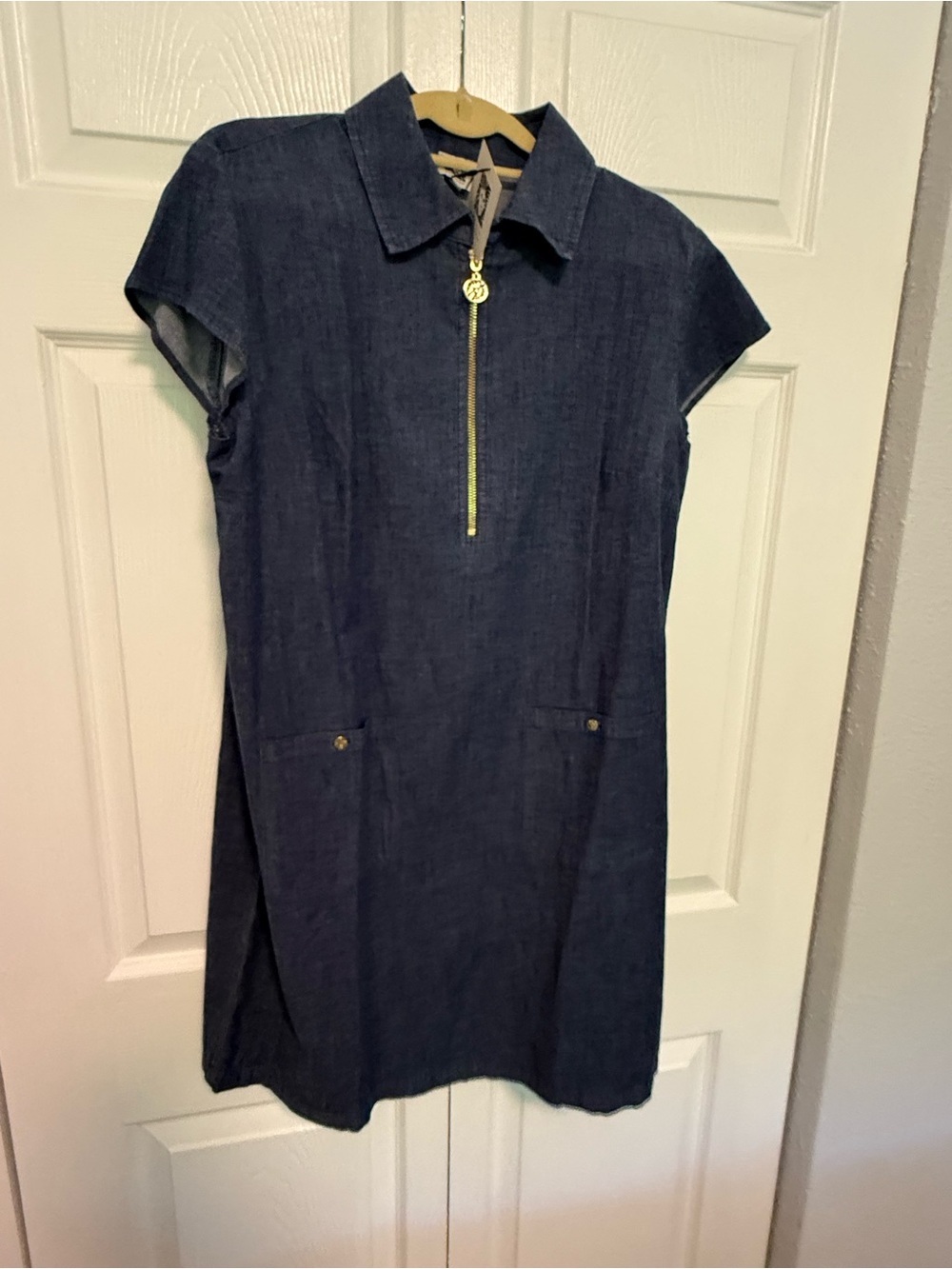 Anne Klein Navy Short-Sleeve Shift Dress with Gold Zip